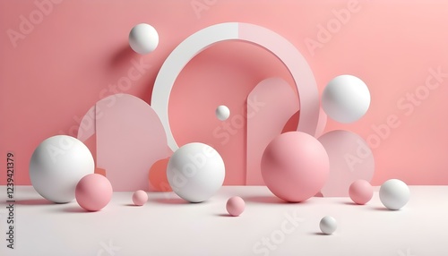 Un grupo de coloridas esferas y formas abstractas flotando en un entorno minimalista de color rosa y blanco con elementos arquitectónicos geométricos photo