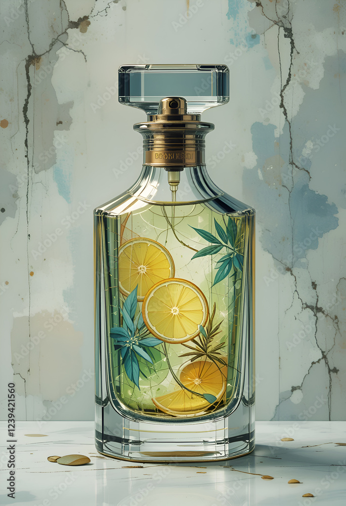 flacon of perfume include stylize element of fragrance such as citrus, herbs. painting 3d render watercolor style. Ai generated.