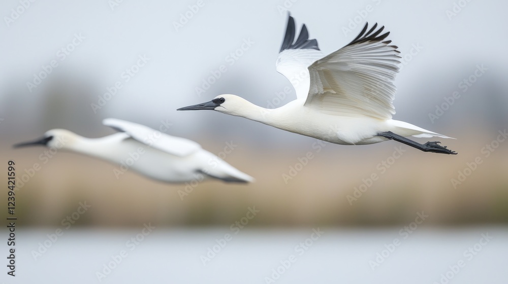 Obraz premium Eurasian spoonbills flying over wetlands