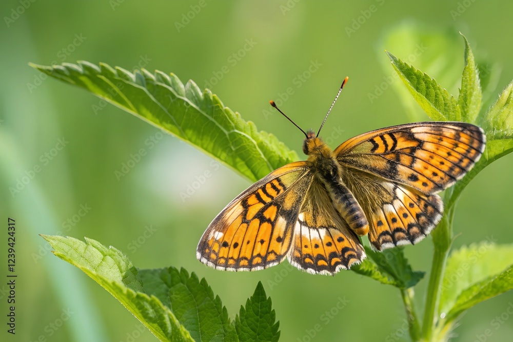Fototapeta premium Colorful butterfly perched on green leaves in a bright forest habitat during springtime