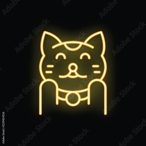 Cheerful maneki neko with a beckoning paw, illuminated by a vibrant neon glow