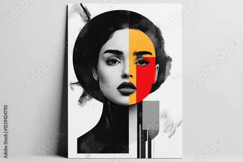 A Contemporary Digital Illustration of a Woman's Face in a Bold Abstract Style, Featuring Black, White, and Vibrant Red and Yellow Elements, Symbolizing Strength, Modernity, and Creativity.