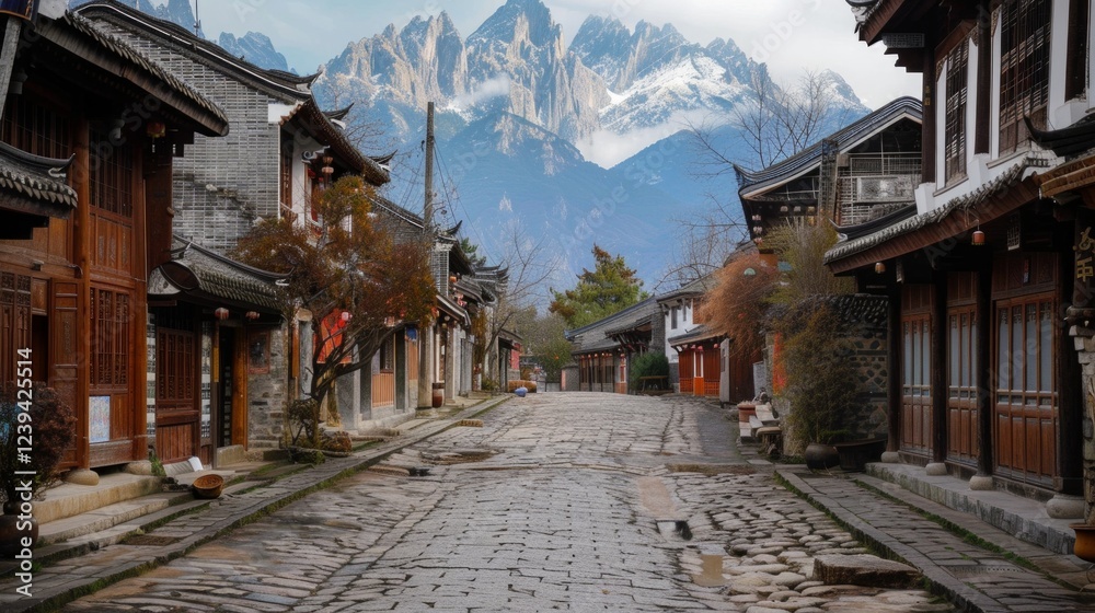 A Chinese village with picturesque houses and mountain scenery in the background, ideal for advertising tourist destinations, cultural events and ethnographic research. A Chinese village with picturesque houses and mountain scenery in the background, ideal for advertising tourist destinations, cultural events and ethnographic research.