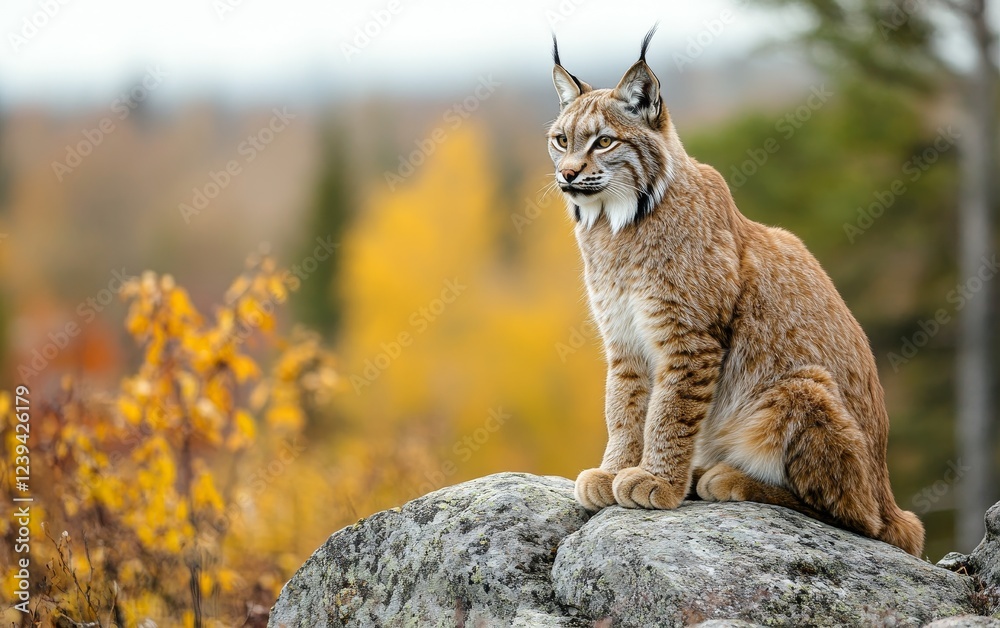 A majestic lynx perched on a rock, surrounded by autumn foliage, its keen eyes and distinctive ear tufts highlighting the beauty of this elusive forest predator A majestic lynx perched on a rock, surrounded by autumn foliage, its keen eyes and distinctive ear tufts highlighting the beauty of this elusive forest predator