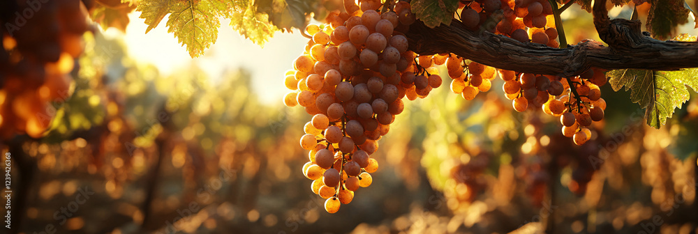 Fototapeta premium A vibrant cluster of grapes hanging on a vine, bathed in golden sunlight, with the rich textures of the soil and lush green leaves forming a natural mosaic in the vineyard.