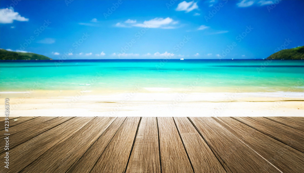 Fototapeta premium Weathered wood planks in front of tropical beach, product display mock up