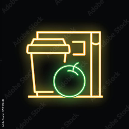 Neon sign representing the concept of lunch break with a takeaway coffee cup and an apple