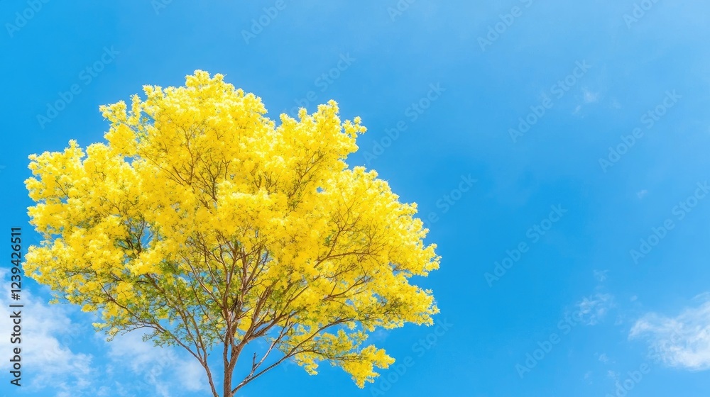 Yellow flowering tree against blue sky, sunny day, nature background, perfect for spring themed designs Yellow flowering tree against blue sky, sunny day, nature background, perfect for spring themed designs