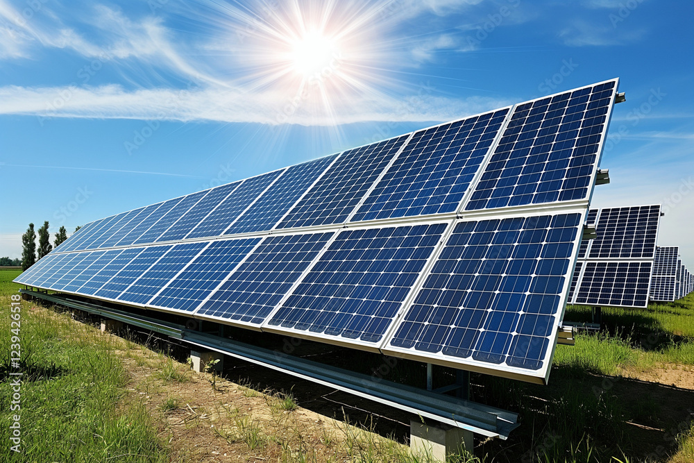 Harnessing the Sun: A Large Solar Farm with Rows of Photovoltaic Panels Under a Bright Blue Sky, Showcasing the Power of Renewable Energy, Sustainability, and the Future of Clean Power Generation Harnessing the Sun: A Large Solar Farm with Rows of Photovoltaic Panels Under a Bright Blue Sky, Showcasing the Power of Renewable Energy, Sustainability, and the Future of Clean Power Generation
