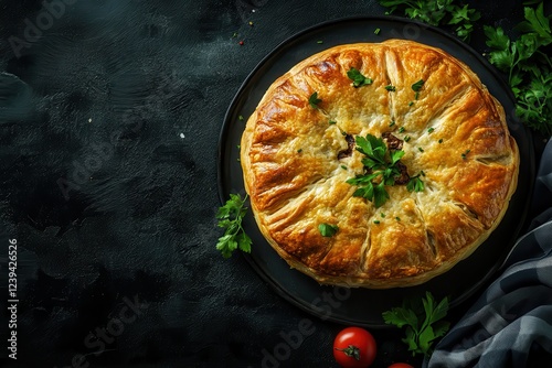 Kubdari Flavorful Georgian flatbread filled with meat viewed from above on a dark background photo