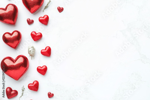 Valentine's, Mother's or Women's Day greeting card, banner or poster template. Holidays background with festive red heart shaped decorations and empty background with place for text design