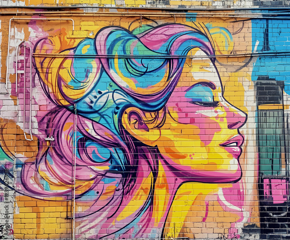 Fototapeta premium Colorful Urban Mural of a Woman's Profile with Artistic Flowing Hair