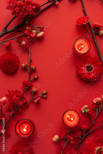 Elegant red candles and cherry blossoms create a traditional and festive atmosphere for celebrating the Chinese New Year.