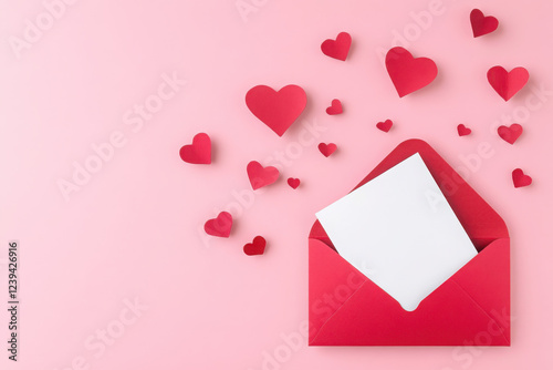 Saint Valentine day holiday background with envelope, paper card and various red hearts for love romantic message. Flat lay composition..