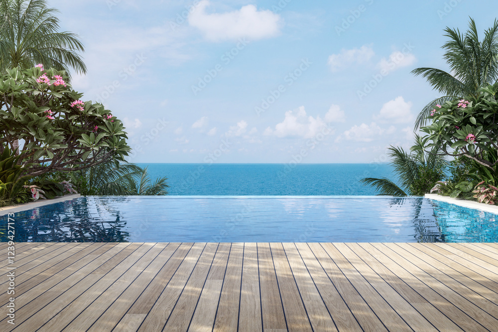 Obraz premium Modern contemporary style resort swimming pool terrace with sea view 3d render ,There has wooden floors surrounded by tropical style garden