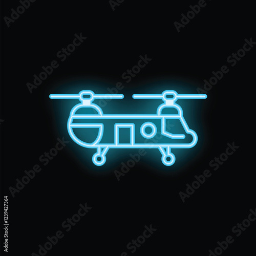 Blue neon sign of a twin rotor military helicopter glowing on a black background