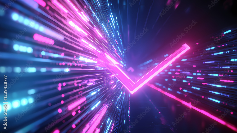 Abstract neon arrow turning right, speed and technology concept with glowing pink and blue lines. Movement and Flow. Illustration Abstract neon arrow turning right, speed and technology concept with glowing pink and blue lines. Movement and Flow. Illustration