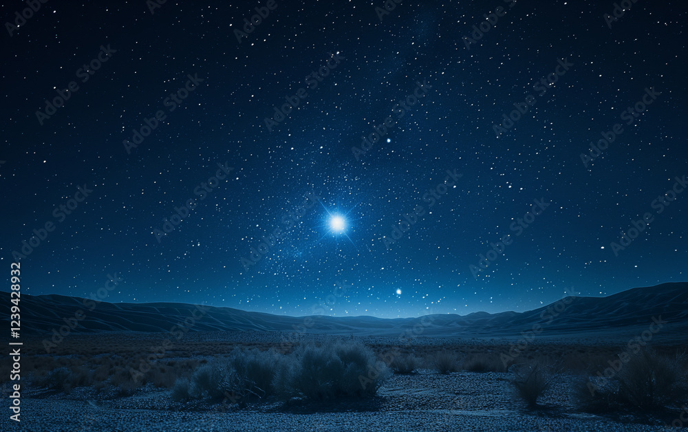 Fototapeta premium A serene night sky filled with stars over rolling desert hills. Perfect for themes of tranquility, stargazing, and natural wonders.
