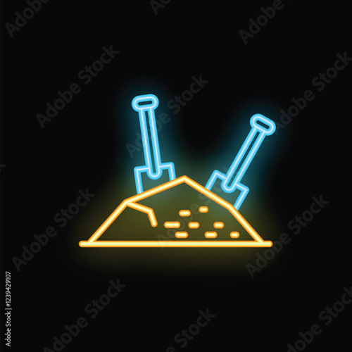 Bright neon sign depicting two shovels digging into a pile of dirt against a black background