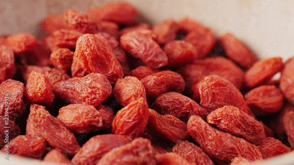 Dried goji berries in bowl and spoon on wooden table, closeup. Space for text Dried goji berries in bowl and spoon on wooden table, closeup. Space for text
