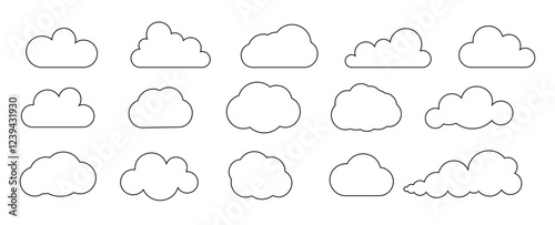 Line cloud shapes set. Simple outline clouds. Abstract contour cloudy sketch collection isolated PNG