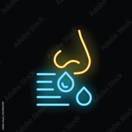 Neon style icon of anosmia symptom, loss of smell, with a nose and blue water drops