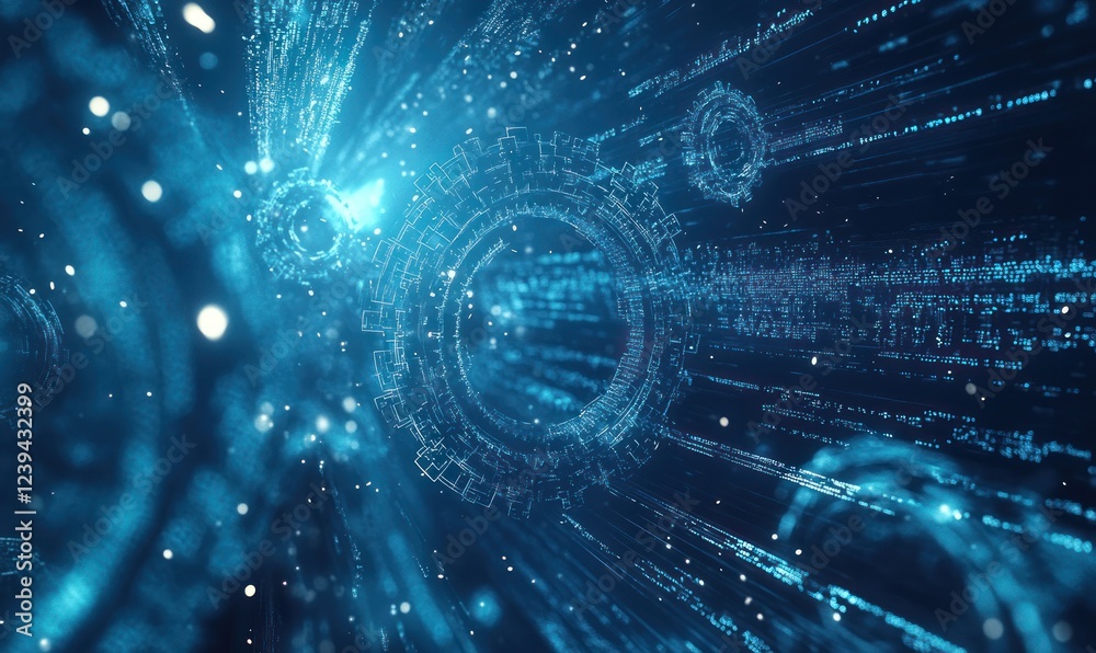 Obraz premium Futuristic gears digital data stream, abstract background, technology concept
