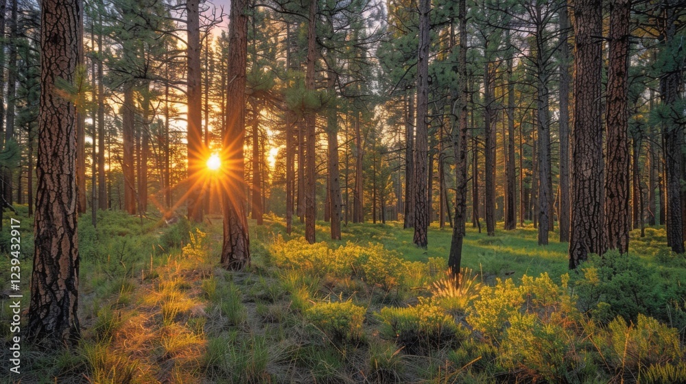 Obraz premium Golden rays of sunlight filtering through a dense forest, casting a warm glow on the foliage and the ground below