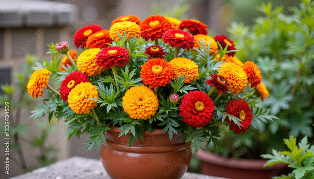 Fototapeta premium Colorful pot of blooming flowers in vibrant hues