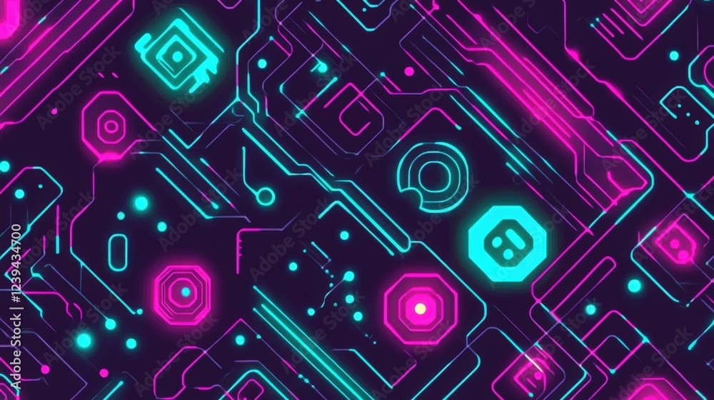 Abstract Neon Circuit Board Design Featuring Pink and Cyan Lines Abstract Neon Circuit Board Design Featuring Pink and Cyan Lines