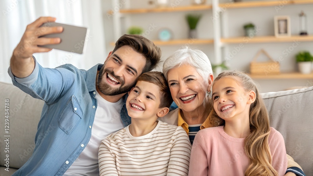 big family sitting on the sofa and taking selfie big family sitting on the sofa and taking selfie