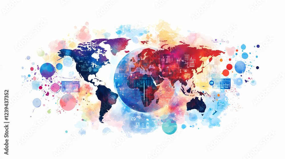 Fototapeta premium Globe with corporate logos, brand influence across continents, watercolor style. Biological Influence. Illustration