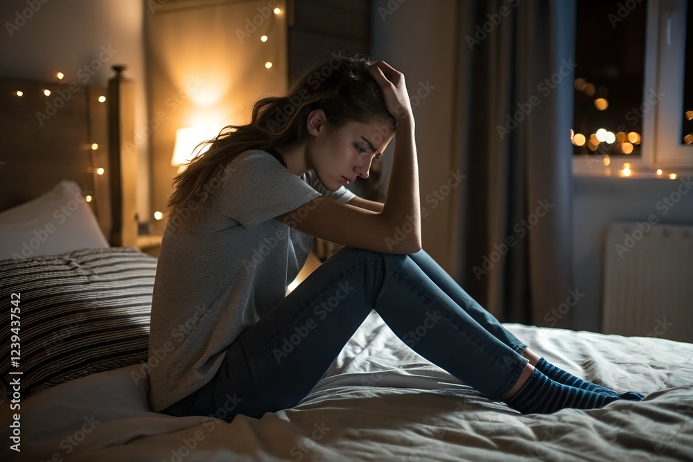 Obraz premium Distressed young woman sitting on bed