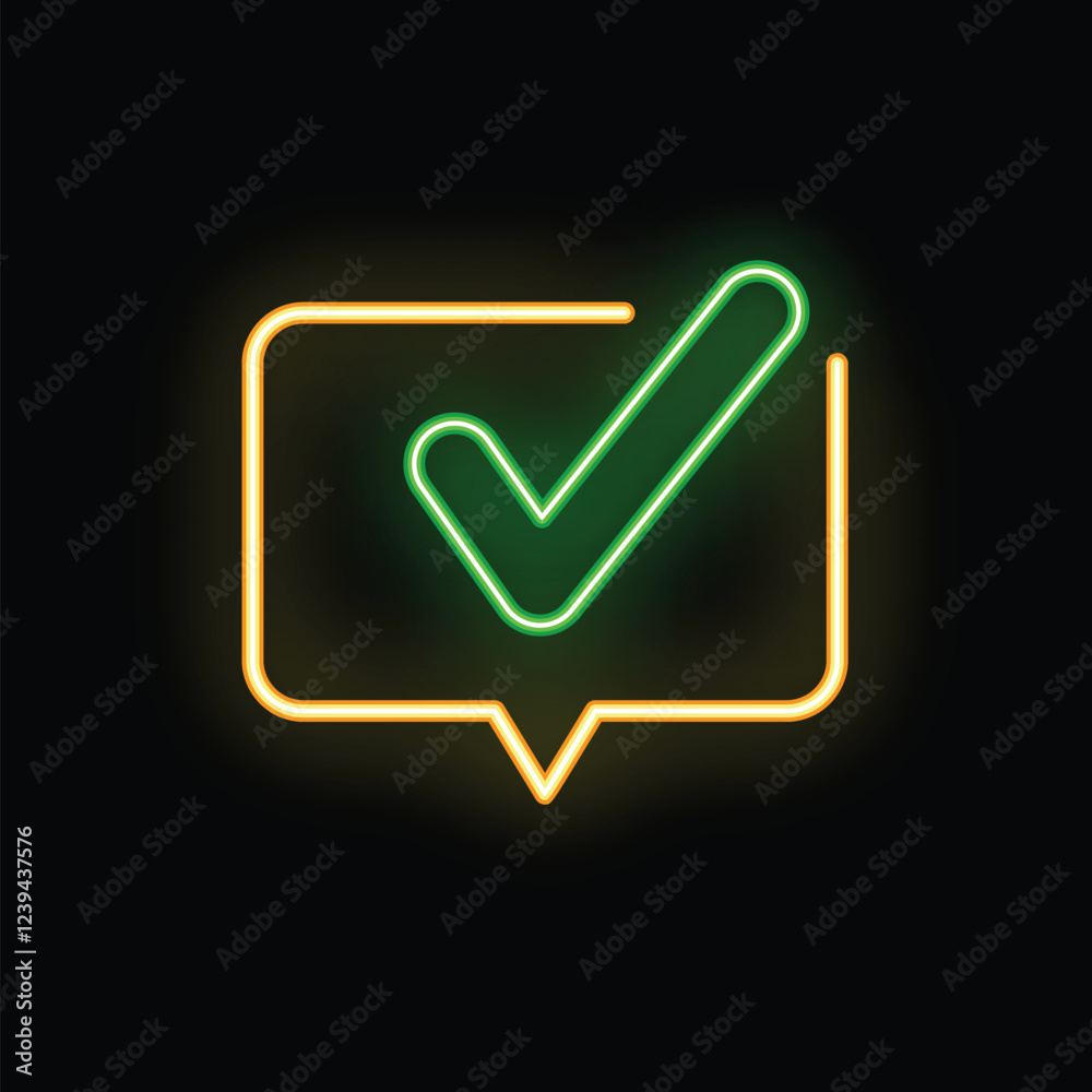 Glowing green check mark inside a yellow speech bubble is set on a black background Glowing green check mark inside a yellow speech bubble is set on a black background
