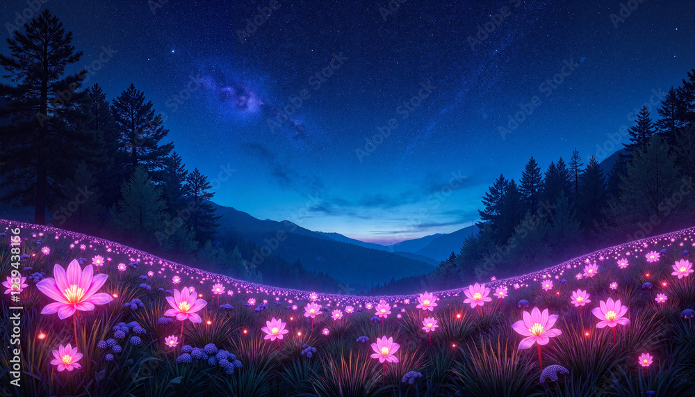 Magical night landscape with glowing pink flowers in mountains Magical night landscape with glowing pink flowers in mountains