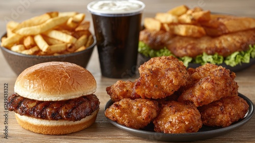 Juicy burger, crispy chicken, fries, and dark beer on wooden table photo