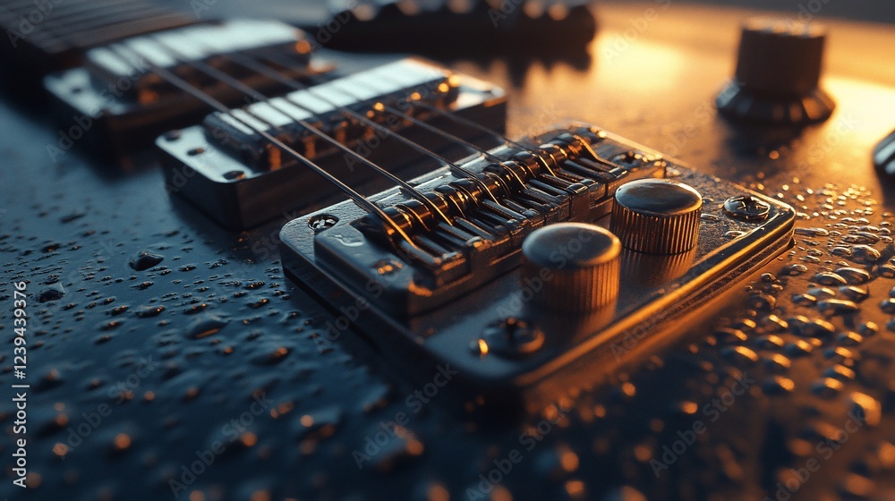 Electric guitar detail; close-up shot with water droplets and warm background light Electric guitar detail; close-up shot with water droplets and warm background light
