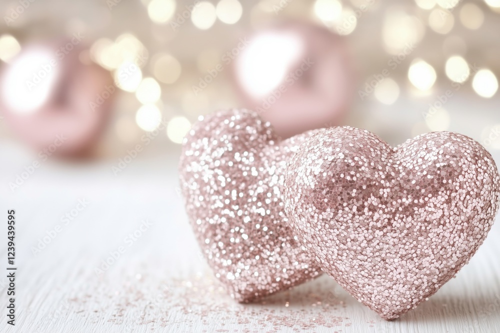 Fototapeta premium Two sparkling pink hearts on a white wooden surface with a blurred background.