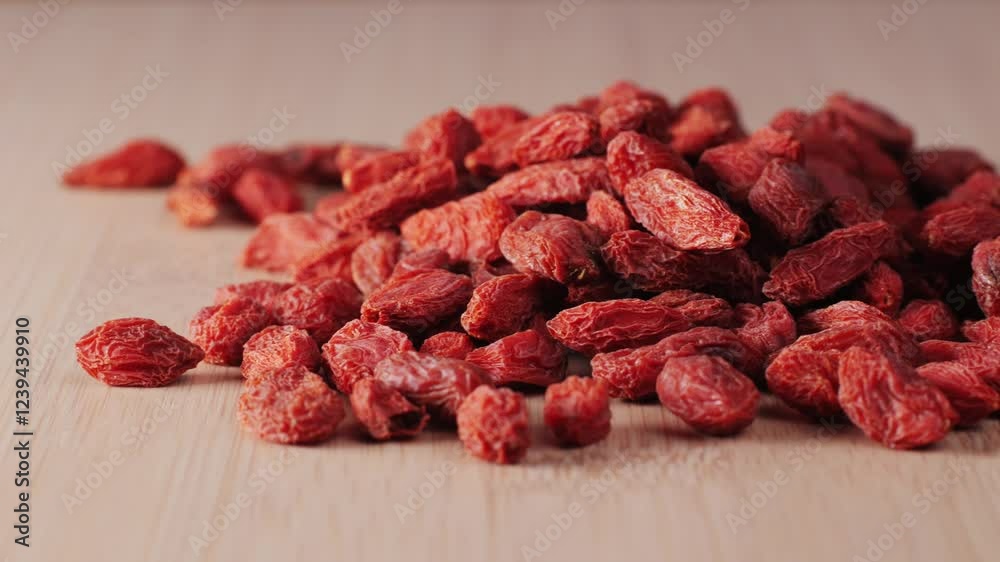 Dried goji berries in bowl and spoon on wooden table, closeup. Space for text Dried goji berries in bowl and spoon on wooden table, closeup. Space for text