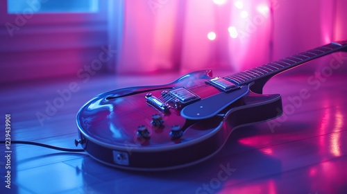 Electric guitar rests on floor, pink/blue room, lights