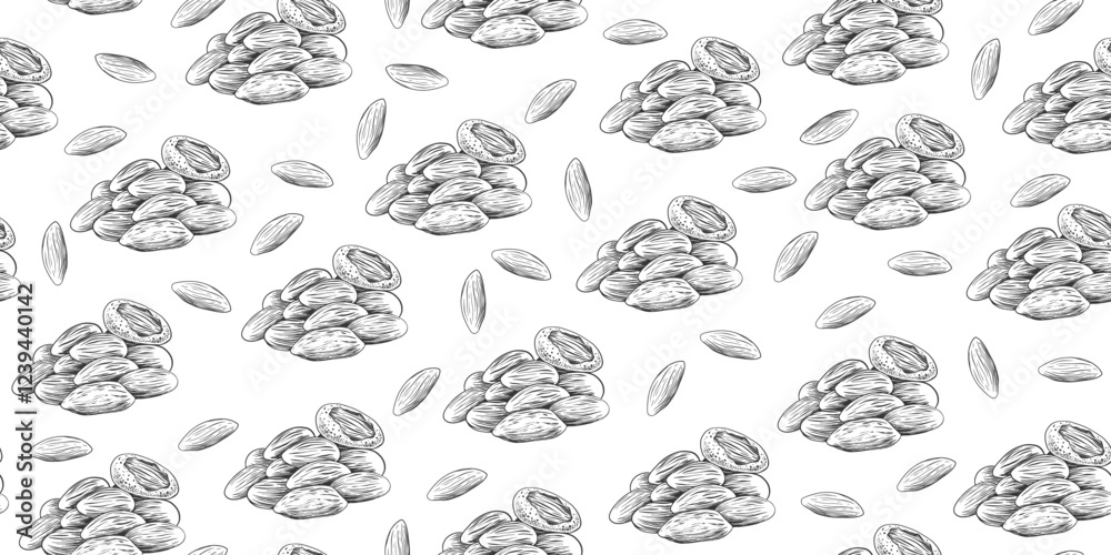 Seamless pattern with pile of almonds in sketch style. Black and white engraved almond isolated on white background. Background with hand drawn nuts Seamless pattern with pile of almonds in sketch style. Black and white engraved almond isolated on white background. Background with hand drawn nuts