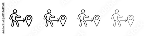 Man going to destination icon Outline sign symbol set