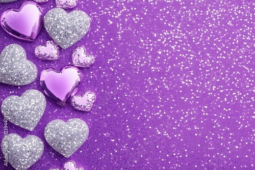 A collection of sparkling hearts in silver and purple on a vibrant purple backdrop.