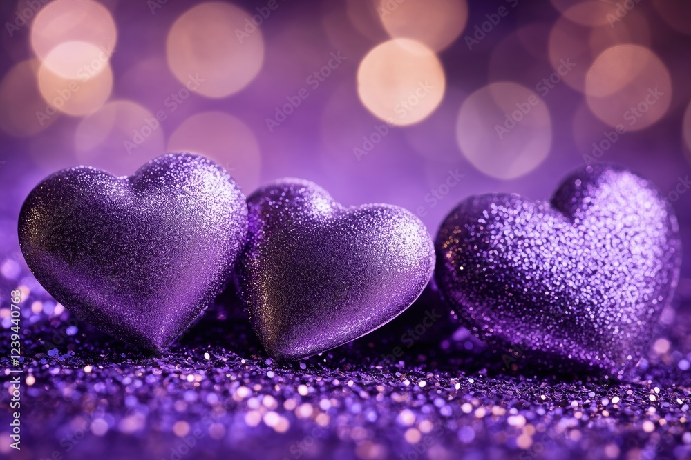 Fototapeta premium Three sparkling purple hearts on a glittery background with bokeh lights.