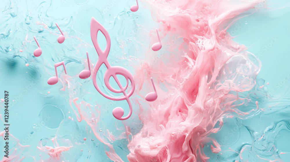 Fototapeta premium Pink Music Notes and Treble Clef with Soft Pastel Pink and Light Blue Ink in Water, Creative Background