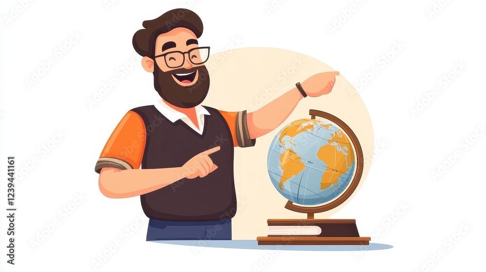 Friendly Man Pointing at Globe with a Smile and Educational Flair Friendly Man Pointing at Globe with a Smile and Educational Flair