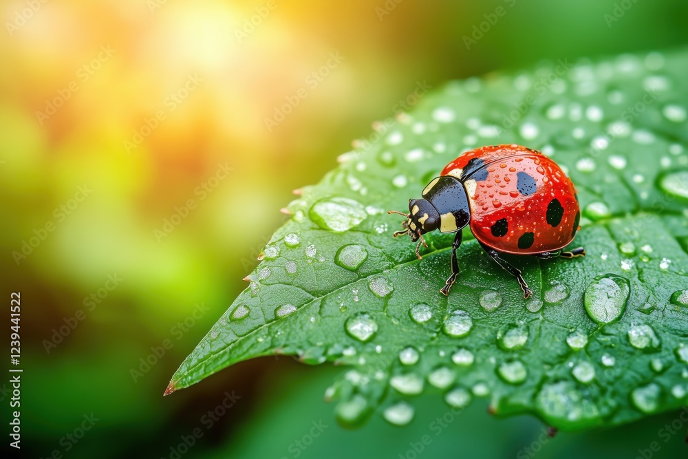 Fototapeta premium A close-up of a ladybug resting on a green leaf covered in water droplets.