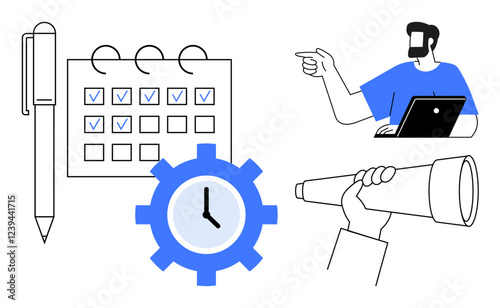 Calendar with checkmarks next to pen, gear with clock, person using laptop pointing, hand holding telescope. Ideal for teamwork, planning, time management, future goals, project management vision