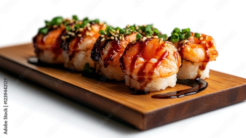 Delicious sushi rolls topped with shrimp and garnished with green onions and sesame. Delicious sushi rolls topped with shrimp and garnished with green onions and sesame.