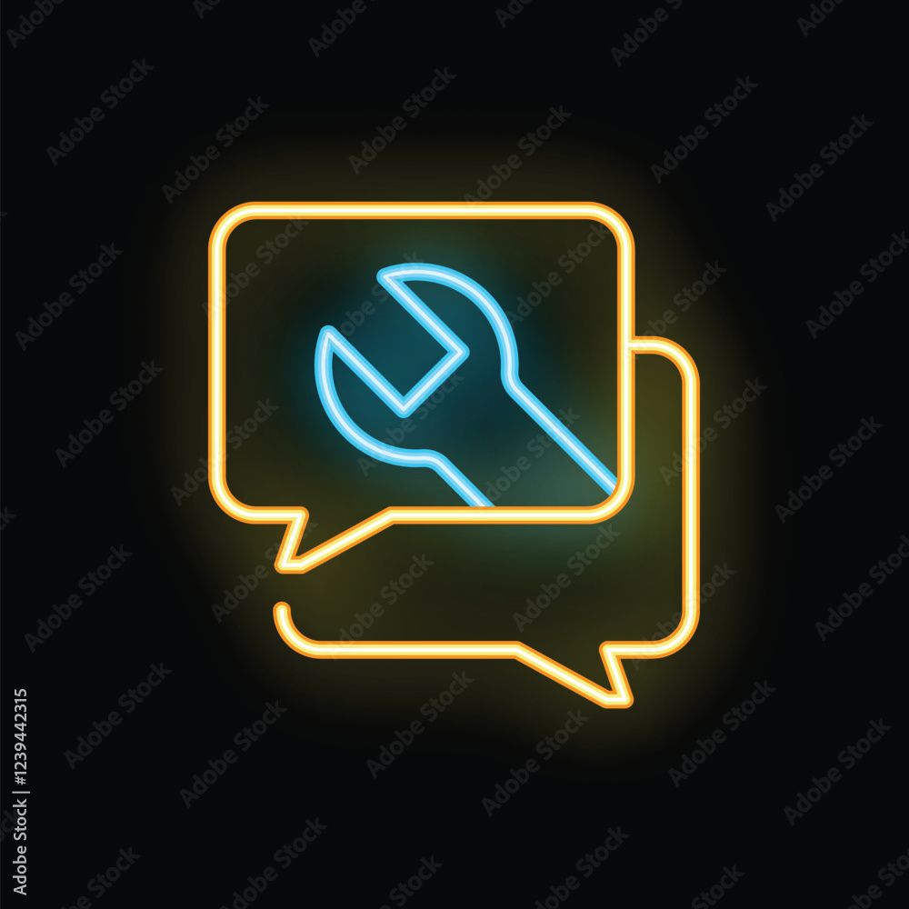 Neon wrench icon glowing inside speech bubble representing online technical support Neon wrench icon glowing inside speech bubble representing online technical support